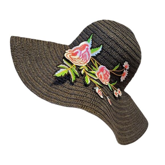 Y2K Black with Pink Floral Embroidered Applique Oversized Straw Floppy Hat - Picture 5 of 11